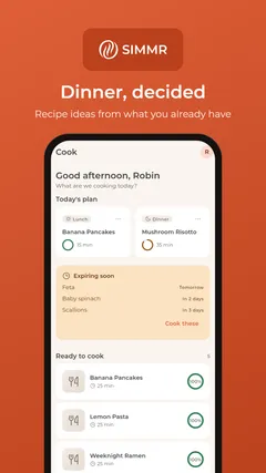 Simmr screen suggesting recipe ideas from what you already have