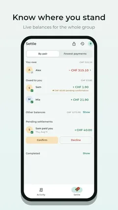 Tally balances screen with live balances for the whole group