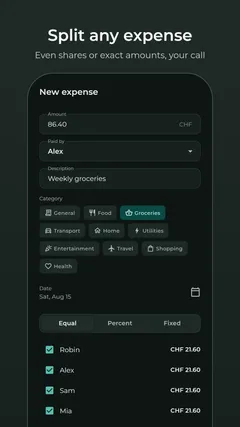 Tally add expense screen splitting a cost by even shares or exact amounts