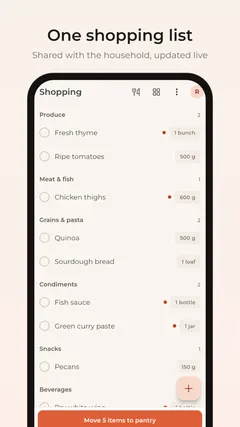 Simmr shopping list shared with the household, updated live