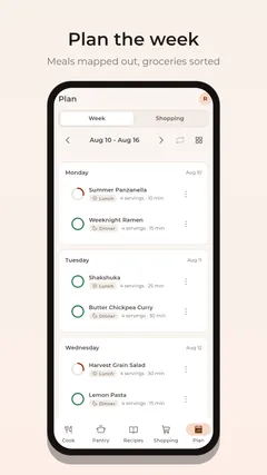Simmr weekly meal plan with meals mapped out and groceries sorted